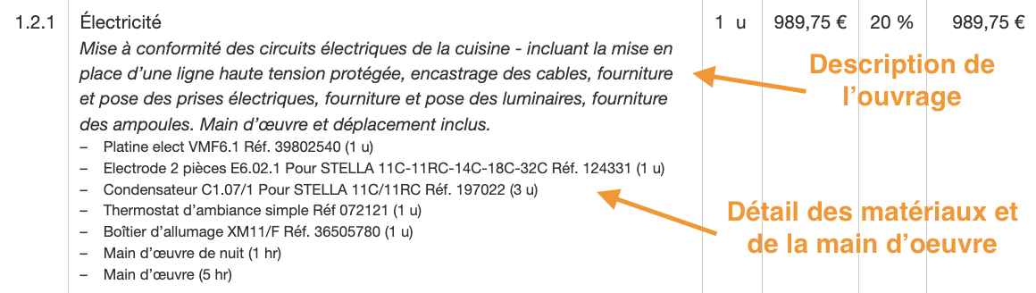 Exemple d'ouvrage sur un devis de Tolteck